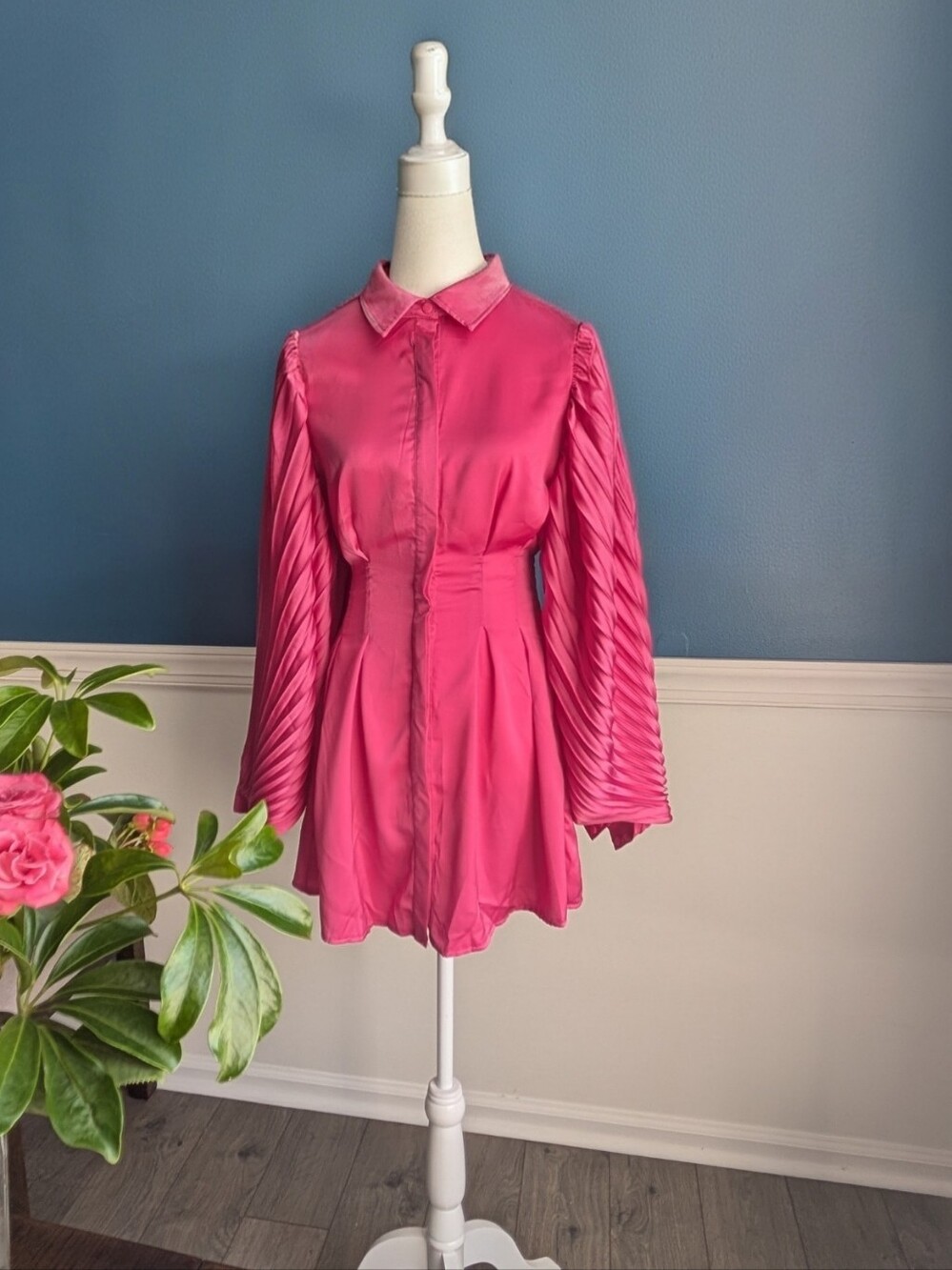 Bright Pink Pleated Sleeve Shirt Dress